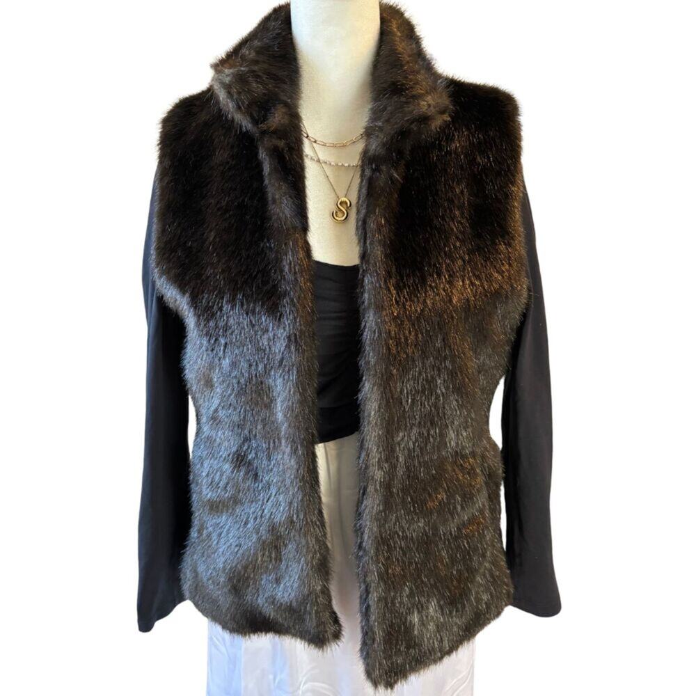 FDJ French Dressing Faux Fur Vest Chocolate Brown Open Front Size S